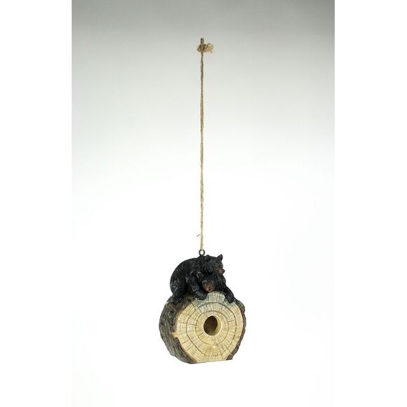 Playful Black Bears On Cut Log Polyresin Hanging Birdhouse - Picture 2 of 4